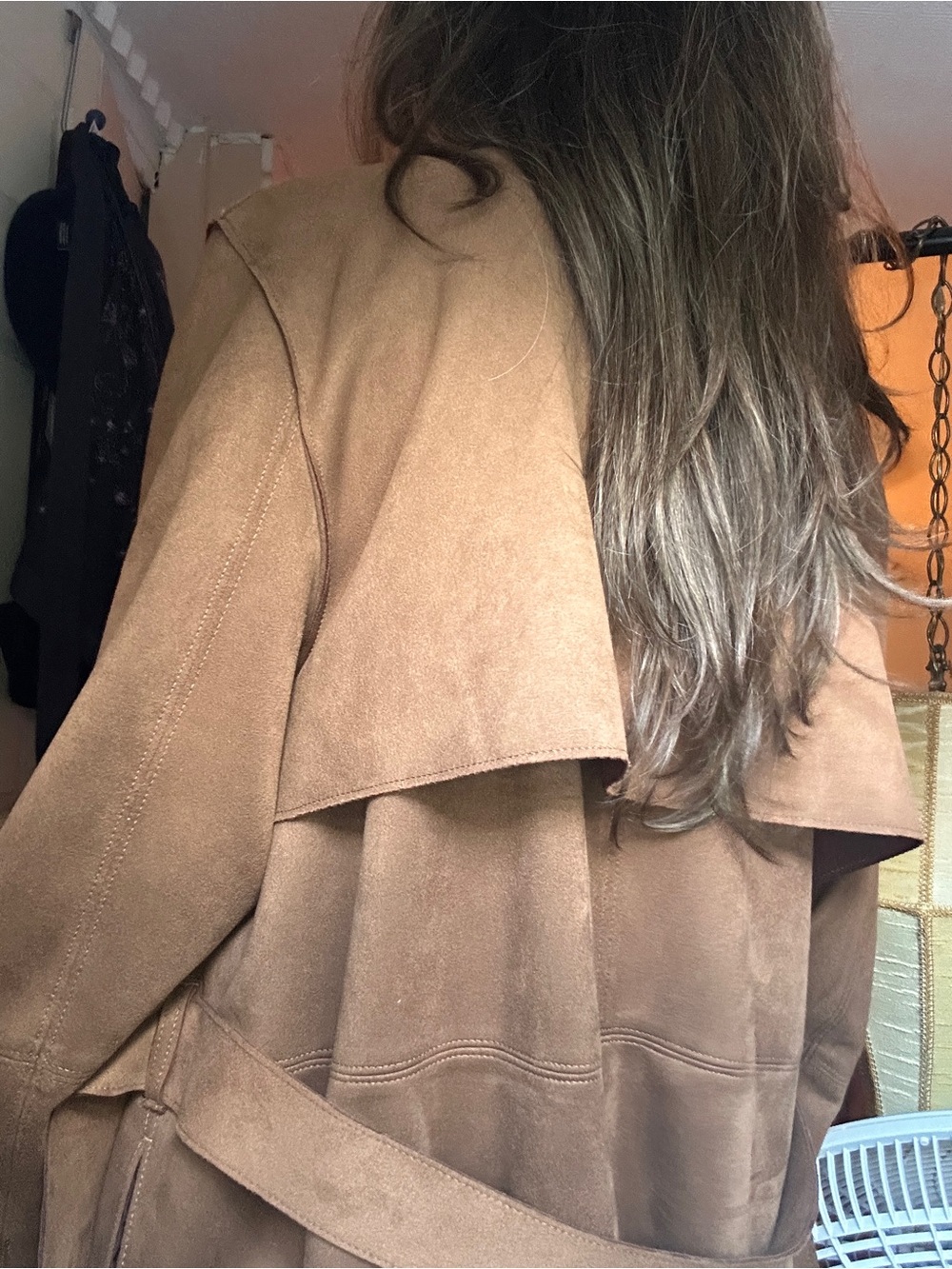 H&M Cognac Faux Suede Draped Trench Duster Coat - Picture 6 of 6